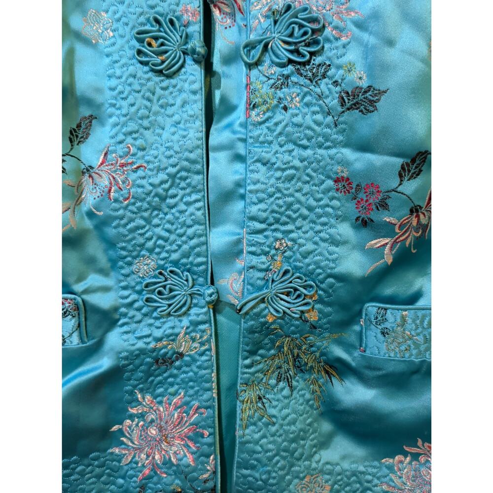 Peony Brand Turquoise Quilted Chinese Jacket Frog Closures Floral Brocade Sz M - Picture 4 of 14